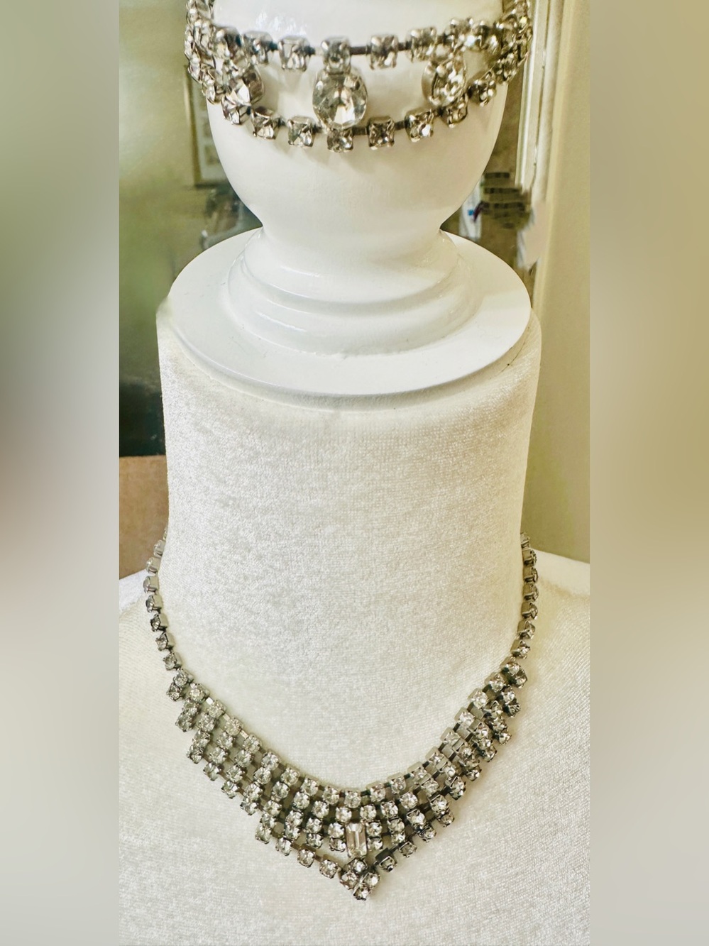 Necklace Bracelet Set Vintage Rhinestone Statement in Silver Tone